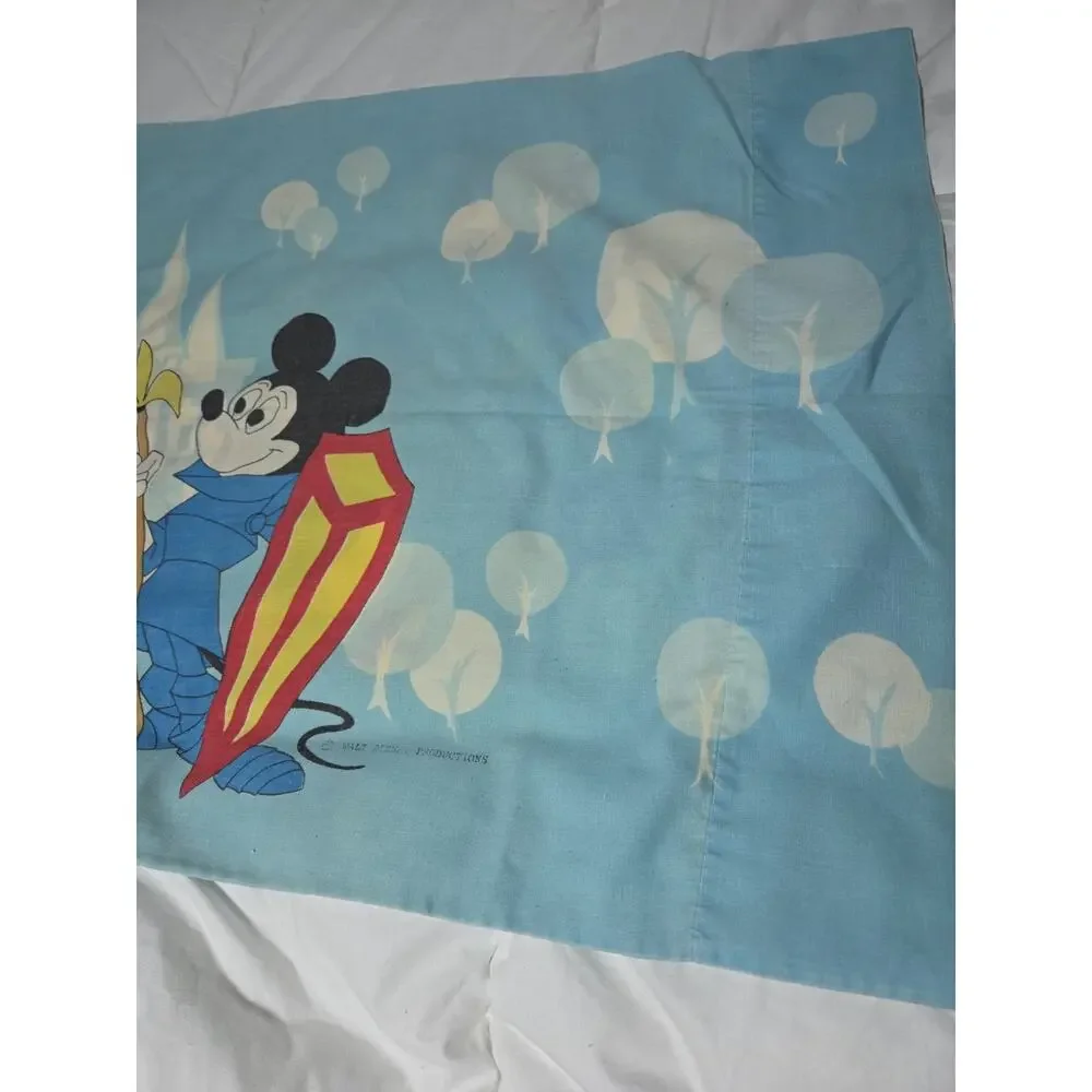 Disney 70s Mickey Mouse Frontierland Blue Pillowcase Knight Princess Vtg Cham